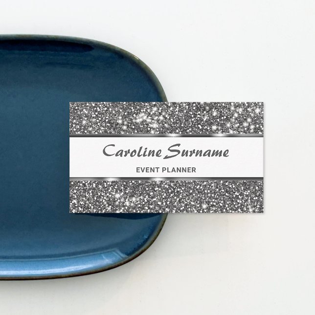 Faux Silver Glitter Grey Glitter Event Planner Business Card (Creator Uploaded)
