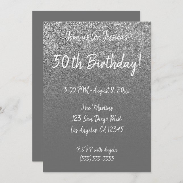 Faux Silver Glitter Grey Ombre 50th Birthday Invitation (Front/Back)
