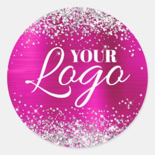 Faux Silver Glitter Magenta Hot Pink Foil Logo Classic Round Sticker