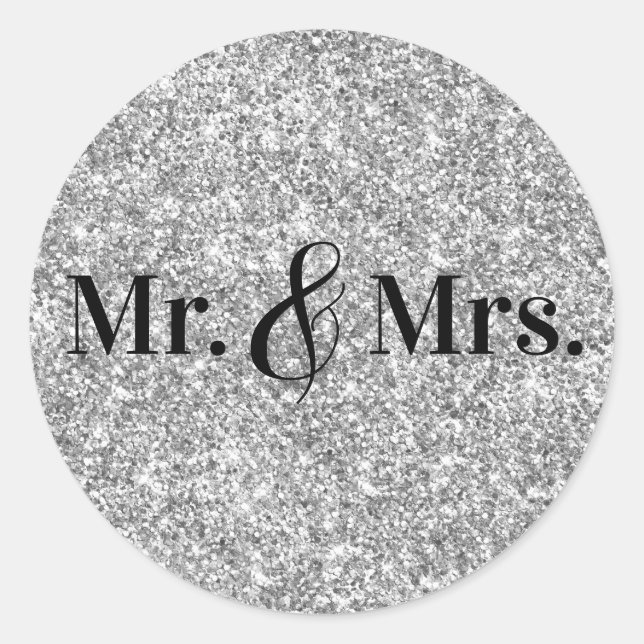 Faux Silver Glitter Mr. & Mrs. Wedding Classic Round Sticker (Front)