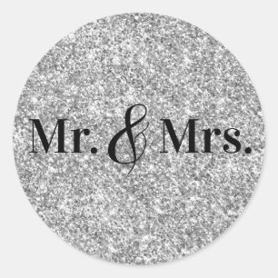 Faux Silver Glitter Mr. & Mrs. Wedding Classic Round Sticker