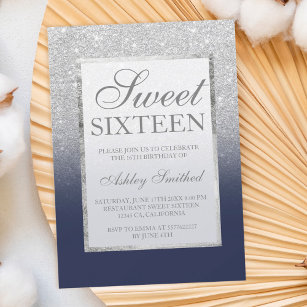 Faux silver glitter navy blue legant chic Sweet 16 Invitation
