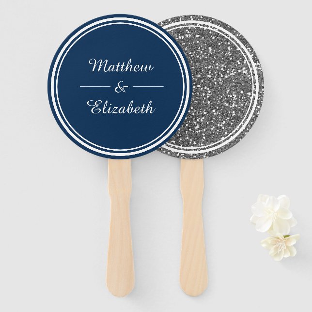 Faux Silver Glitter Navy Blue Wedding Hand Fan (Front and Back)