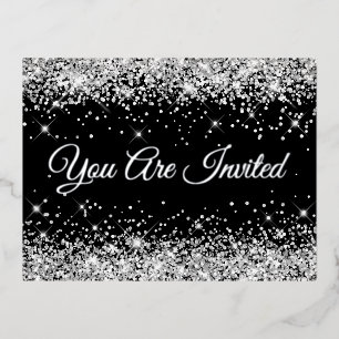 Faux Silver Glitter on Black 40th Birthday  Foil Invitation Postcard