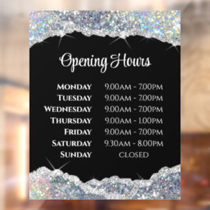 Faux Silver Glitter Opening Hours Window Cling