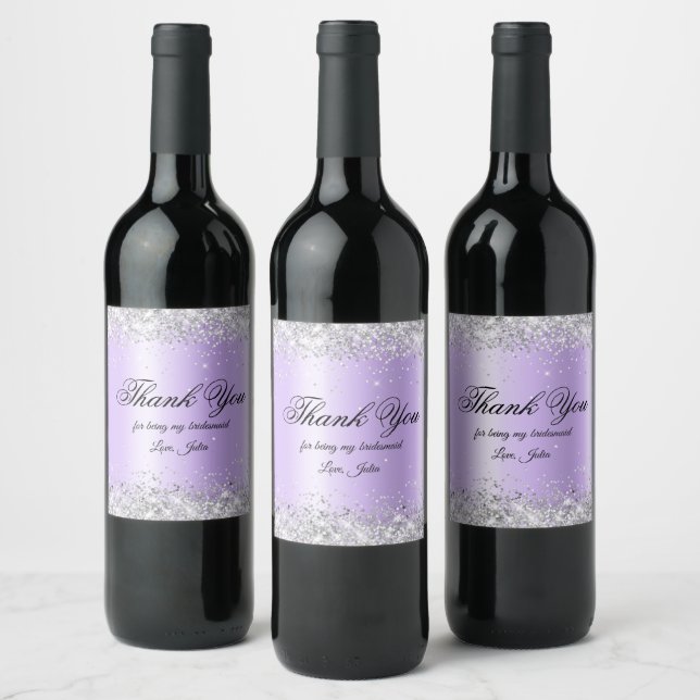 Faux Silver Glitter Pale Purple Foil Thank You Wine Label (Bottles)