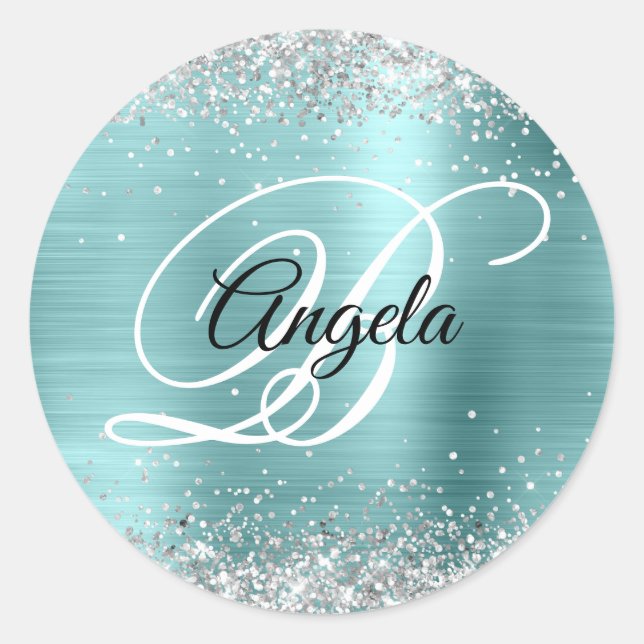Faux Silver Glitter Pale Turquoise Blue Monogram Classic Round Sticker (Front)