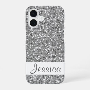 Faux Silver Glitter Pattern Look-like With Name iPhone 16 Case