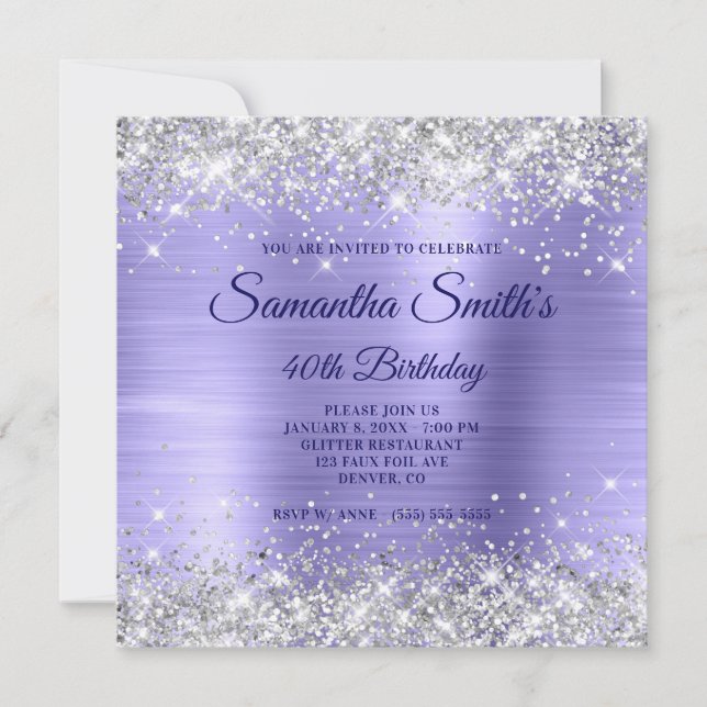 Faux Silver Glitter Periwinkle Foil 40th Birthday Invitation (Front)