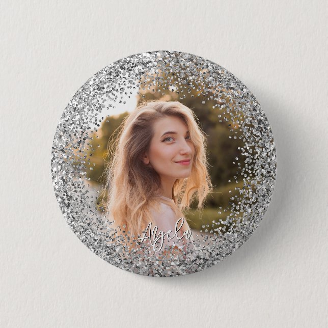 Faux Silver Glitter Photo 6 Cm Round Badge (Front)