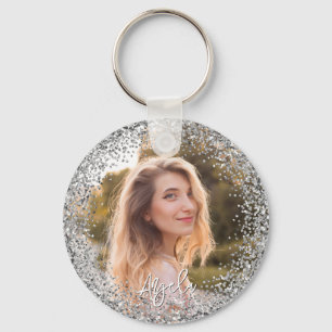 Faux Silver Glitter Photo Key Ring