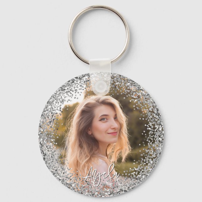 Faux Silver Glitter Photo Key Ring (Front)