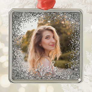 Faux Silver Glitter Photo Metal Ornament