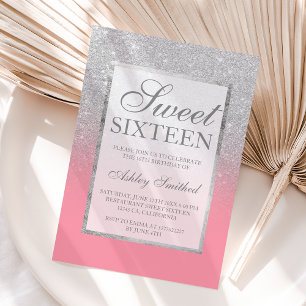 Faux silver glitter pink elegant cherry Sweet 16 Invitation