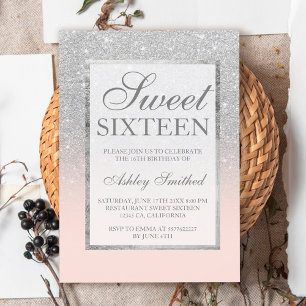 Faux silver glitter pink elegant chic Sweet 16 Invitation
