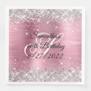Faux Silver Glitter Pink Foil 40th Birthday Napkin