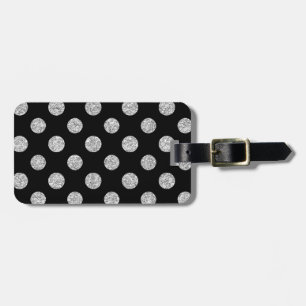 Faux Silver Glitter Polka Dots Pattern on Black Luggage Tag