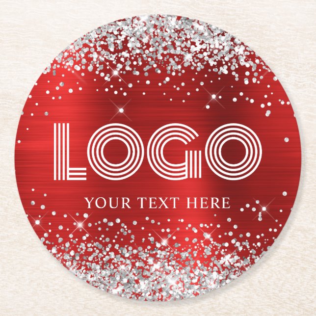 Faux Silver Glitter Red Foil Logo Round Paper Coaster (Front)