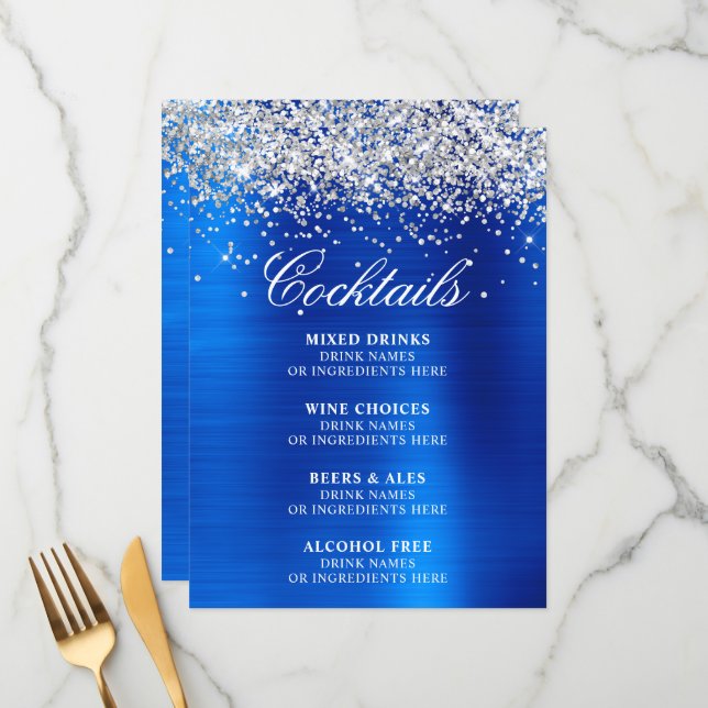 Faux Silver Glitter Royal Blue Foil Cocktails Bar Menu (Front/Back In Situ)