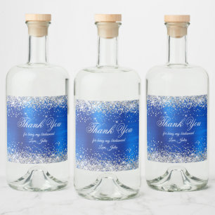 Faux Silver Glitter Royal Blue Foil Thank You Liquor Bottle Label