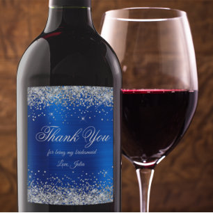 Faux Silver Glitter Royal Blue Foil Thank You Wine Label