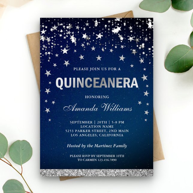 Faux Silver Glitter Stars Confetti Quinceanera Invitation (Creator Uploaded)