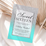 Faux silver glitter teal chic Sweet 16 Invitation<br><div class="desc">A modern,  pretty chic and elegant faux silver glitter shower ombre with teal ocean colour block Sweet 16 birthday party invitation with silver ombre pattern fading onto a teal background with and elegant silver frame Perfect for a princess Sweet sixteen.</div>