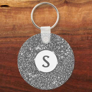 Faux Silver Glitter Texture Look & Custom Monogram Key Ring