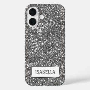 Faux Silver Glitter Texture Look & Custom Name iPhone 16 Case
