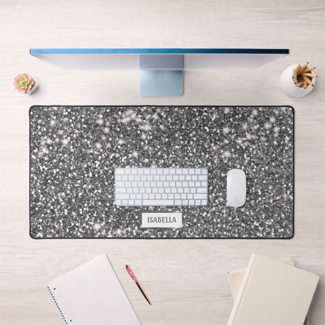Faux Silver Glitter Texture Look & Custom Name Desk Mat (Office 1)
