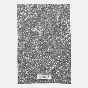 Faux Silver Glitter Texture Look & Custom Name Tea Towel