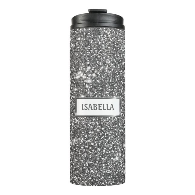 Faux Silver Glitter Texture Look & Custom Name Thermal Tumbler (Front)