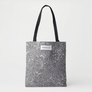 Faux Silver Glitter Texture Look & Custom Name Tote Bag