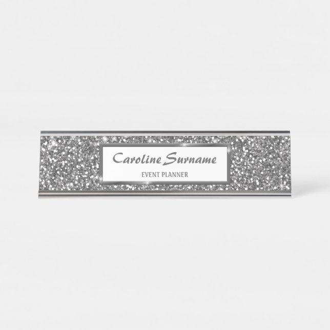 Faux Silver Glitter Texture Look & Custom Text Desk Name Plate (Front)