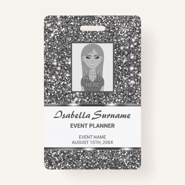 Faux Silver Glitter Texture Look & Custom Text ID Badge (Front)