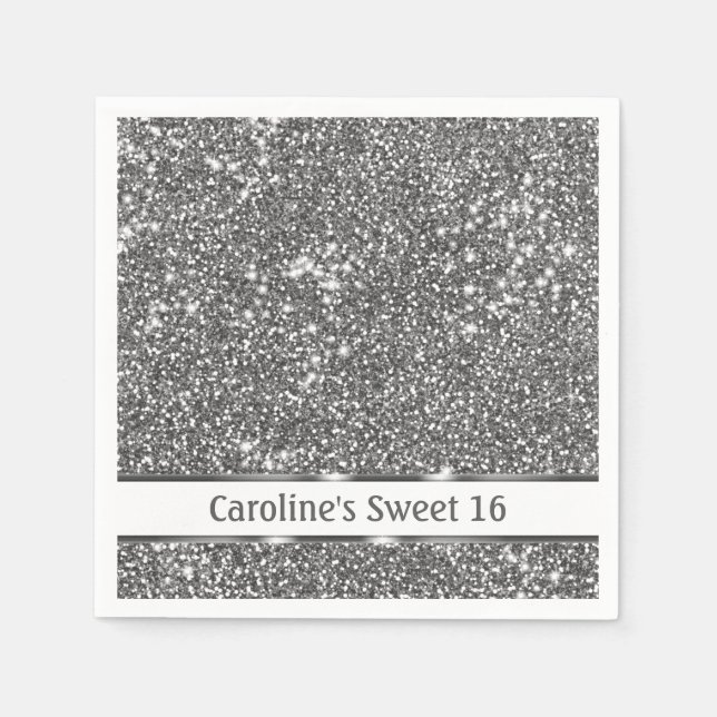 Faux Silver Glitter Texture Look & Custom Text Napkin (Front)