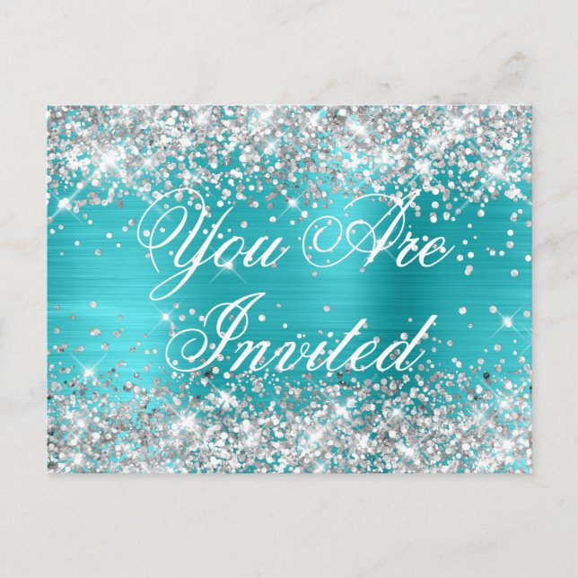 Faux Silver Glitter Turquoise Blue Sweet Sixteen Postcard (Front)
