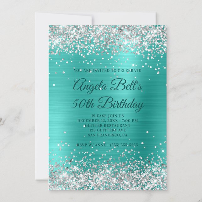 Faux Silver Glitter Turquoise Foil 50th Birthday Invitation (Back)