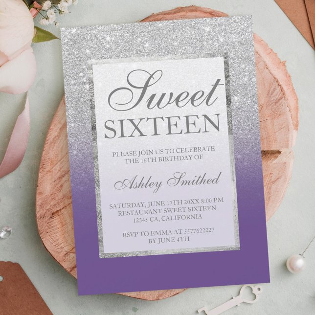 Faux silver glitter violet elegant chic Sweet 16 Invitation (Creator Uploaded)