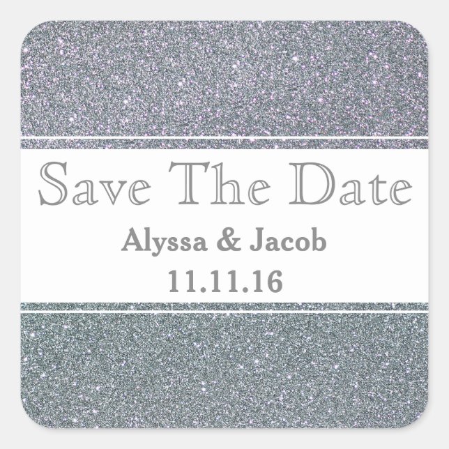 Faux Silver Glitter Wedding  Save the Date Square Sticker (Front)