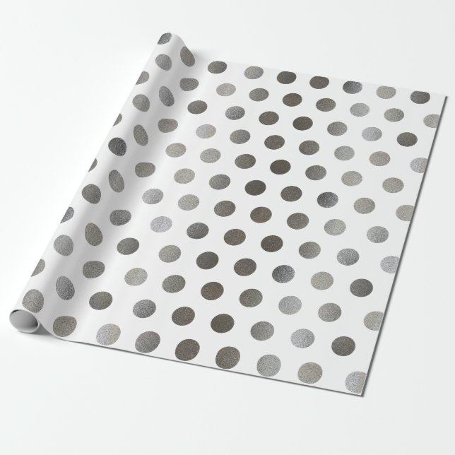 Faux Silver Glitter & White Medium Polka Dot Wrapping Paper (Unrolled)