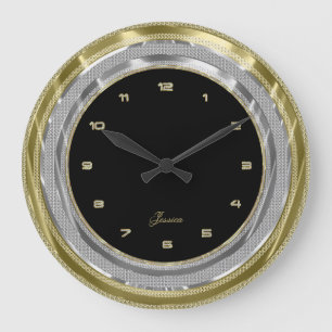 Faux Silver & Gold Border Custom Black Background Large Clock