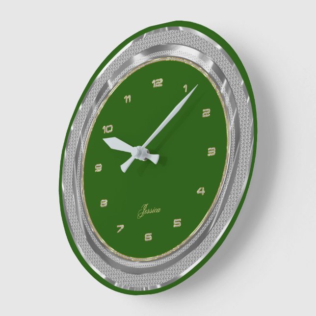 Faux Silver & Gold Border Custom Green Background Large Clock (Angle)
