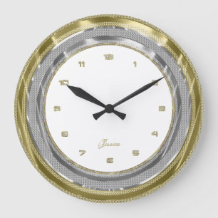 Faux Silver & Gold Border Custom White Background Large Clock