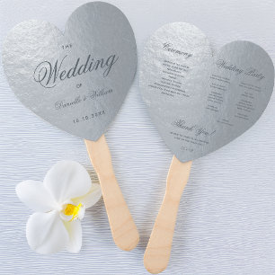 Faux Silver Grey Calligraphy Heart Wedding Program Hand Fan