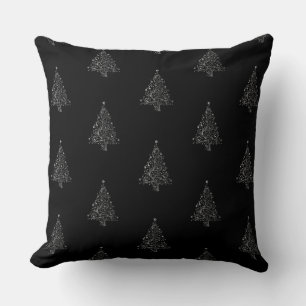 Faux Silver Grey Christmas Tree Pattern Black Cushion
