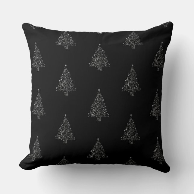 Faux Silver Grey Christmas Tree Pattern Black Cushion (Front)