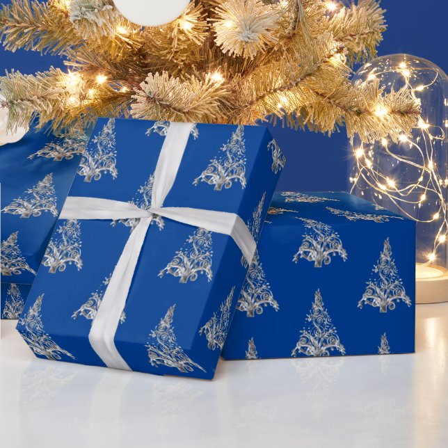 Faux Silver Grey Christmas Tree Pattern Blue Wrapping Paper (Holidays)