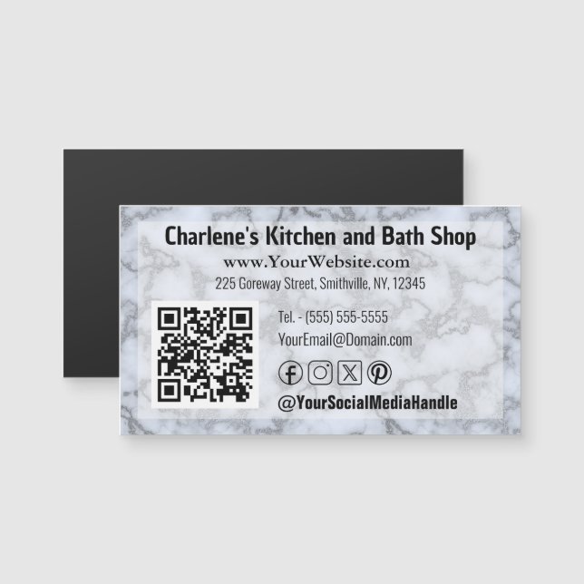Faux Silver Grey Marble Magnetic Business Card (Front/Back)