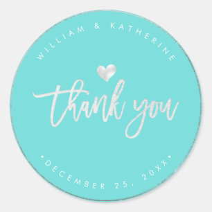 Faux Silver Heart Thank You DIY Colour Turquoise Classic Round Sticker